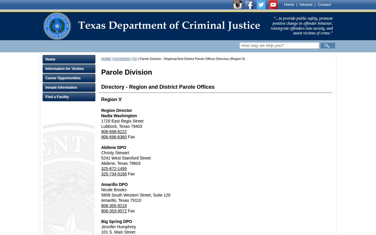 Amarillo office contact for Deaf Smith County parole and mandatory supervision
