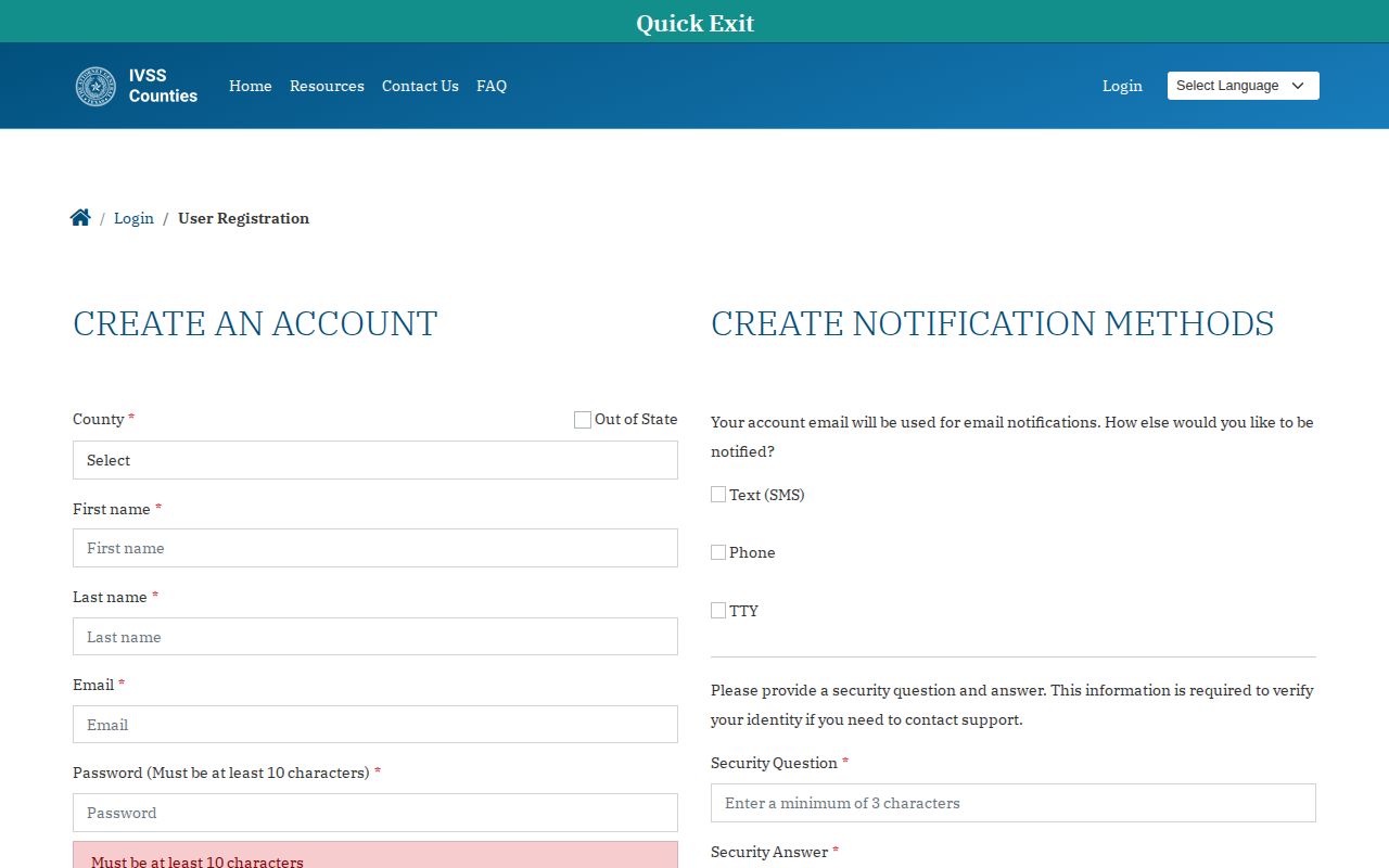 Texas IVSS Counties account registration for Deaf Smith County release alerts