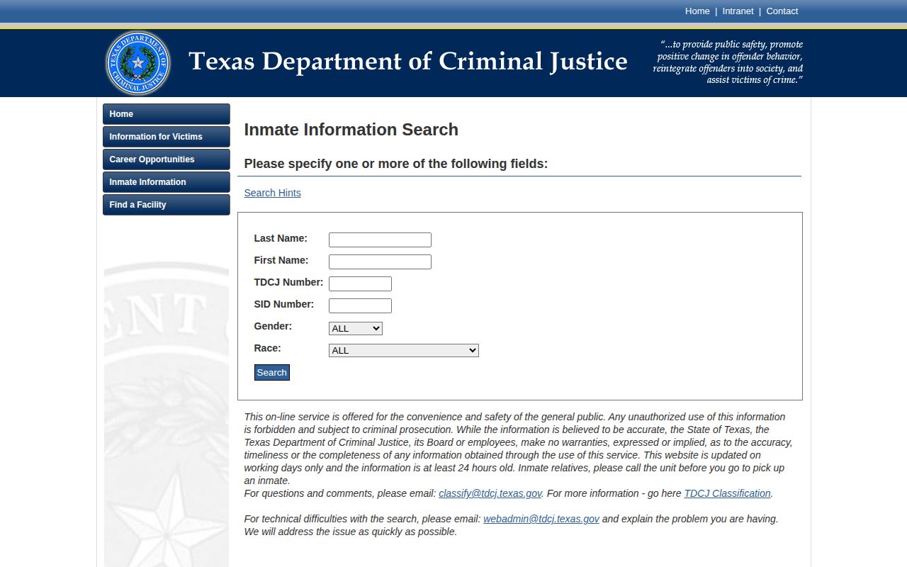 TDCJ search fields and limits for Deaf Smith County released inmates